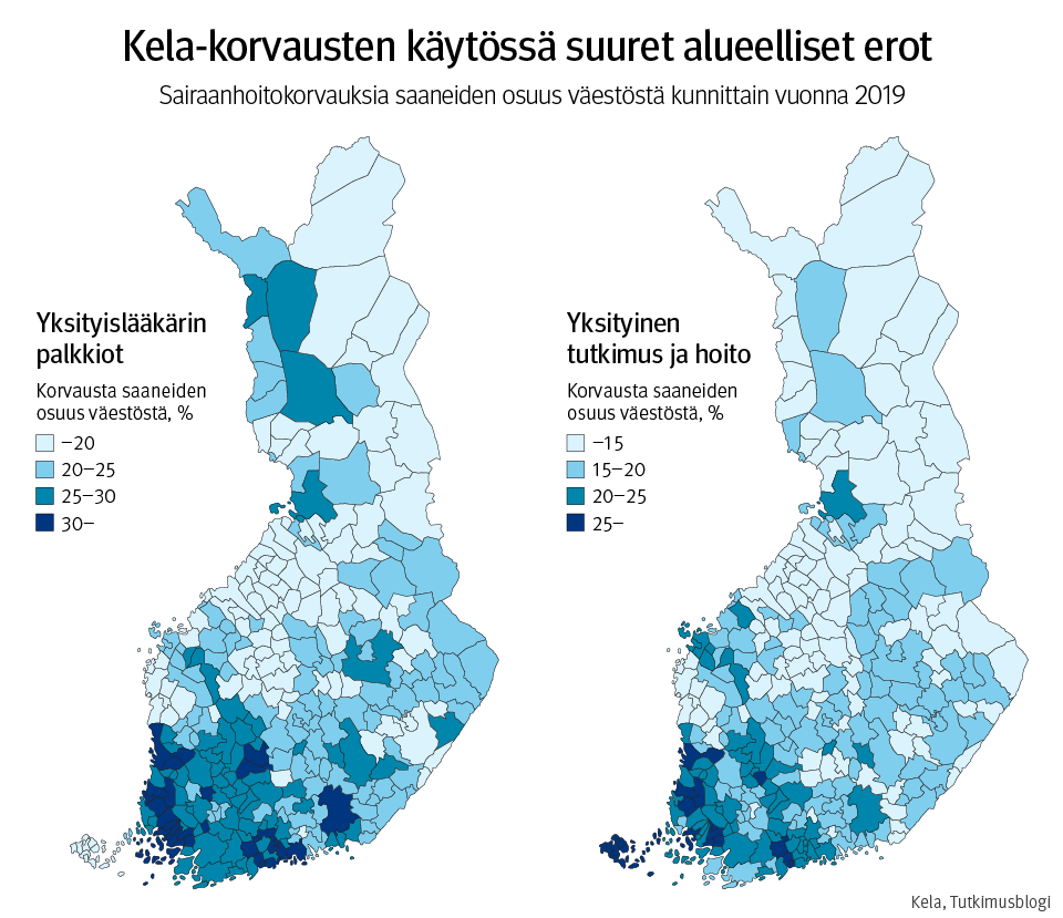 Kuvio: sairaanhoitokorvauksia saaneiden osuus väestöstä kunnittain vuonna 2019. Kuvasta näkee, että Kela-korvausten käytössä on suuret alueelliset erot. Yleisintä saaminen on lounaassa.