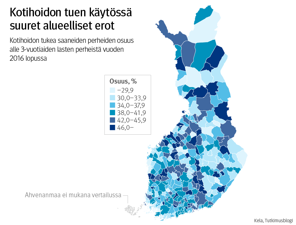 Graafi: Karttakuviossa on kuvattu kotihoidon tukea käyttäneiden perheiden osuus alle 3-vuotiaiden lasten perheistä kunnittain vuoden 2016 lopussa. Kotihoidon tuen käytössä suuret alueelliset erot. 