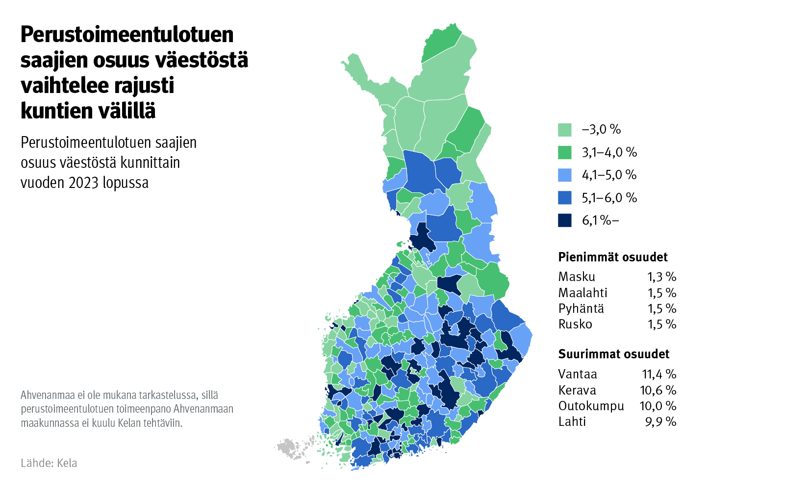 Kuvio: perustoimeentulotuen saajien osuus väestöstä kunnittain vuoden 2023 lopussa. Kuvasta näkee, että perustoimeentulotuen saajien osuus väestöstä vaihtelee rajusti kuntien välillä. Pienimmät osuudet ovat noin 1,5 prosenttia ja suurimmat yli 10 prosenttia.