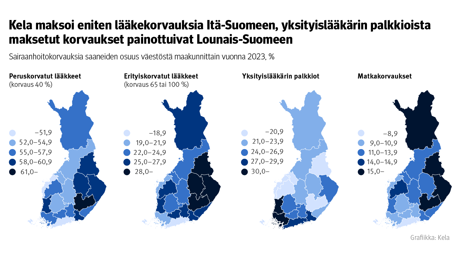 Kuvion otsikko: Kela maksoi eniten lääkekorvauksia Itä-Suomeen, yksityislääkärin palkkioista maksetut korvaukset painottuivat Lounais-Suomeen. Kuva näyttää kartalla, miten lääkekorvaukset, matkakorvaukset ja yksityislääkärin palkkiot jakautuivat maakunnittain vuonna 2023. 