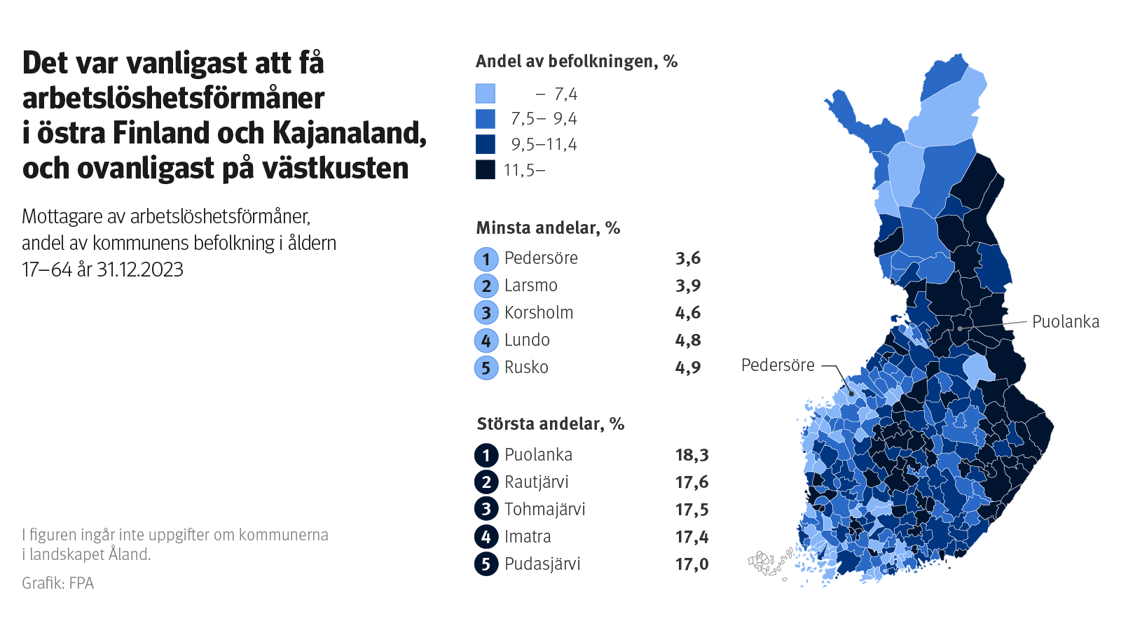 Figurens rubrik: Det var vanligast att få arbetslöshetsförmåner i östra Finland och Kajanaland, och ovanligast på västkusten