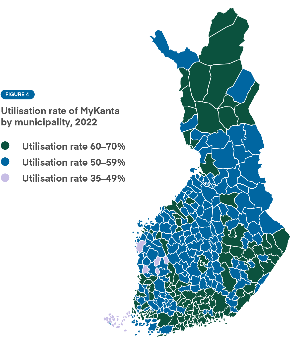 Graph: Figure 4 illustrates the MyKanta utilisation rate by municipality in 2022. The use of MyKanta is most common in large cities, Southern Finland, and Lapland. Use of the service is lowest in Kainuu, Central Finland and North Karelia.
