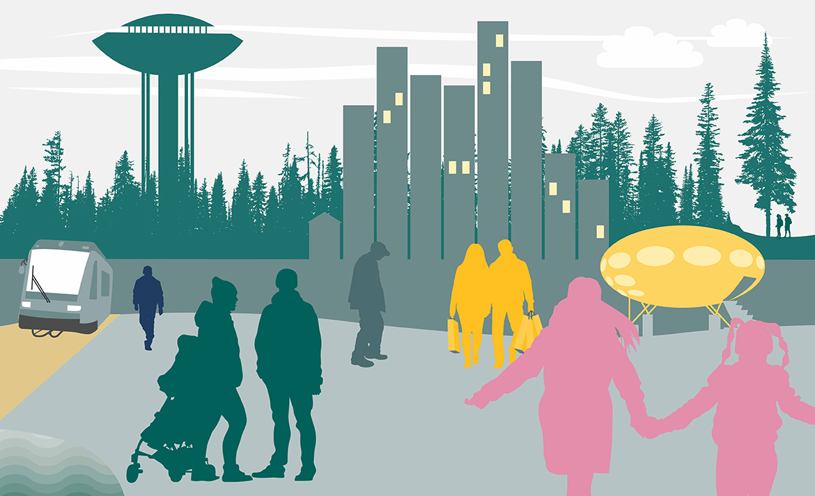 Espoo. Piirroskuvassa eri-ikäisiä ihmisiä sekä Espooseen liittyviä elementtejä: korkeita kerrostaloja, Länsimetro, Futuro sekä Haukilahden vesitorni.