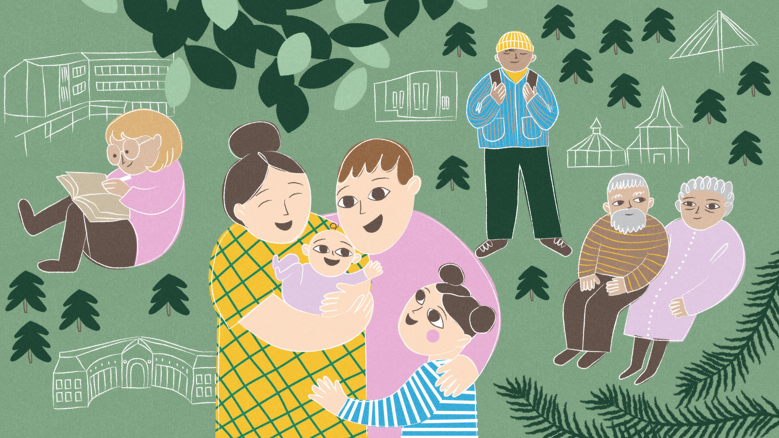 Rovaniemen rakennusten siluetti, joukossa eri-ikäisiä rovaniemeläisiä, opiskelijoita, eläkeläisiä ja nuori perhe.